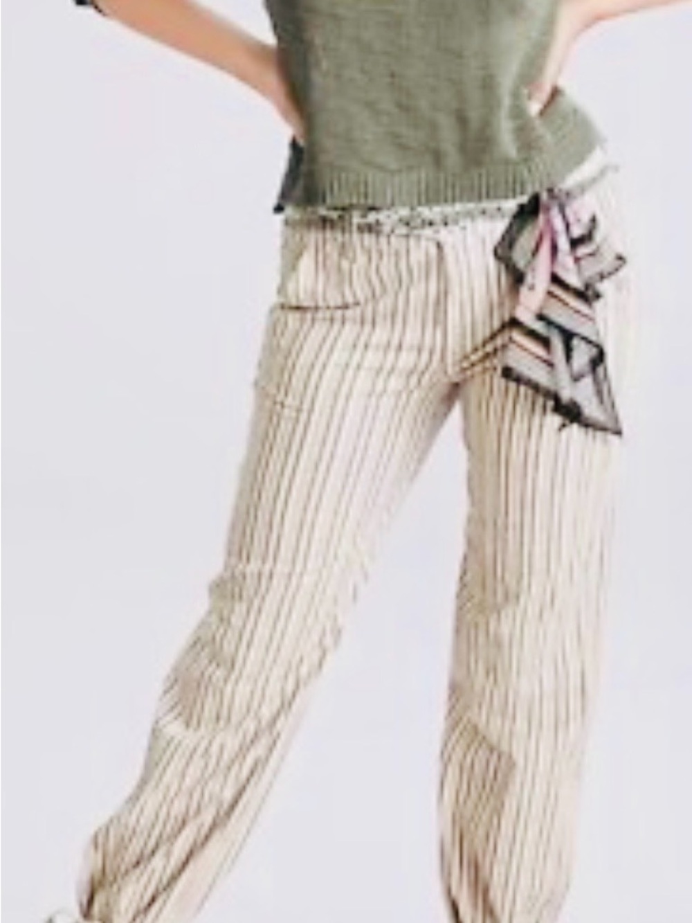 CAbi Cream Pinstripe Wide-Leg Trousers with Side Scarf Accent